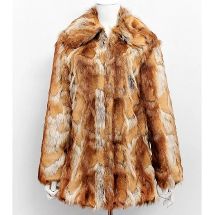 Women's tiger pattern faux fur leather jacket in medium length on a model.