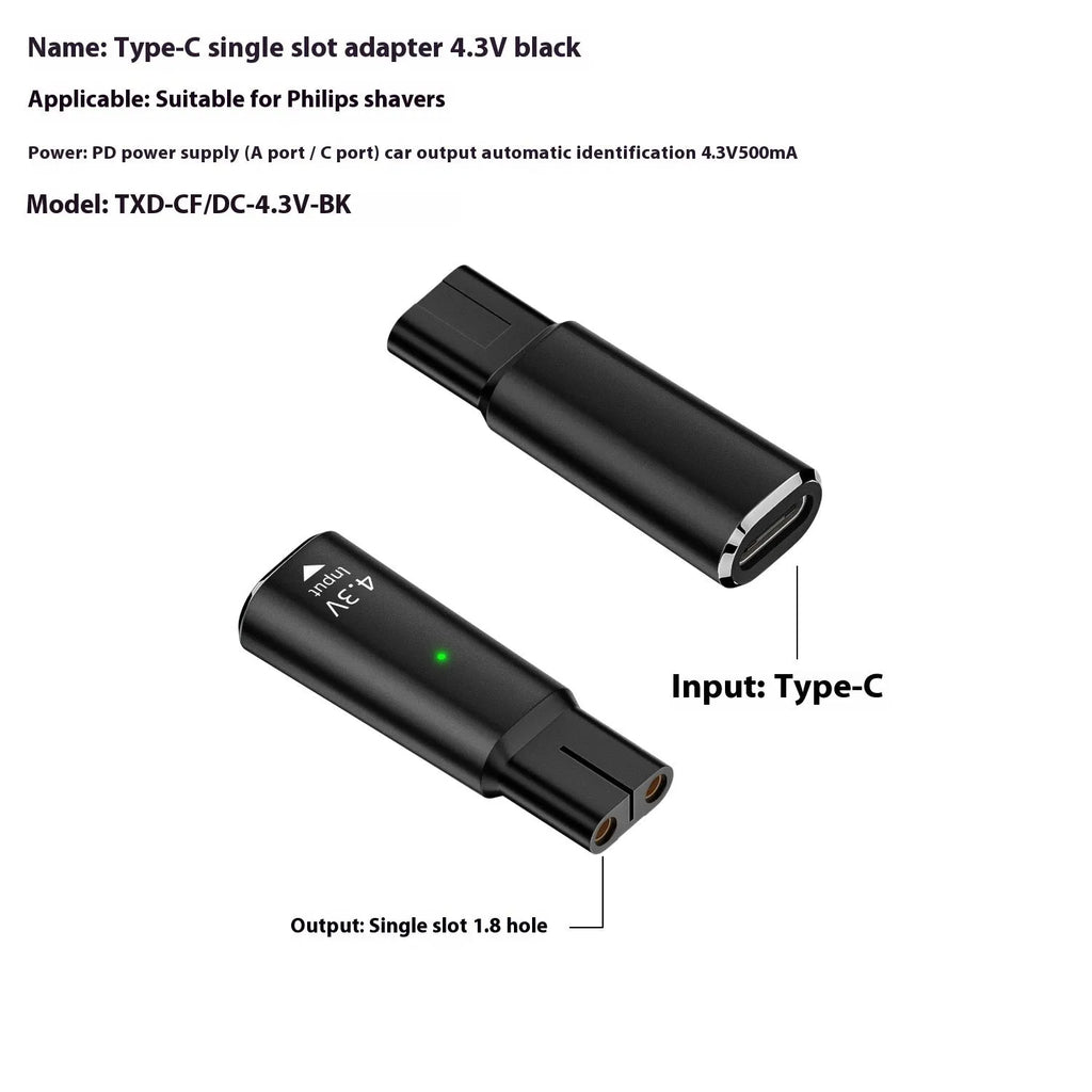 Black aluminium alloy USB-C to DC charging adapter for electric shavers with 4.3V output.