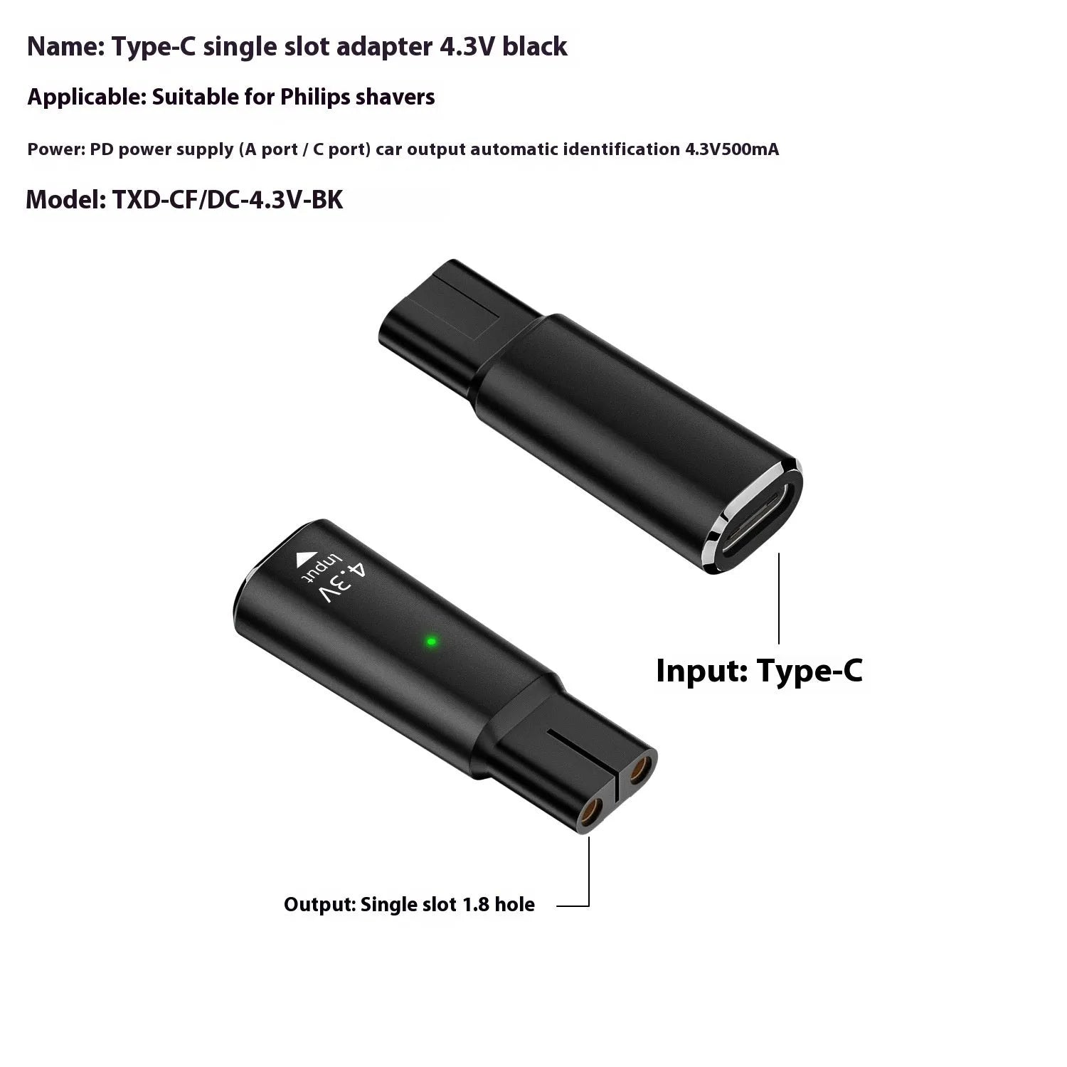 Black aluminium alloy USB-C to DC charging adapter for electric shavers with 4.3V output.