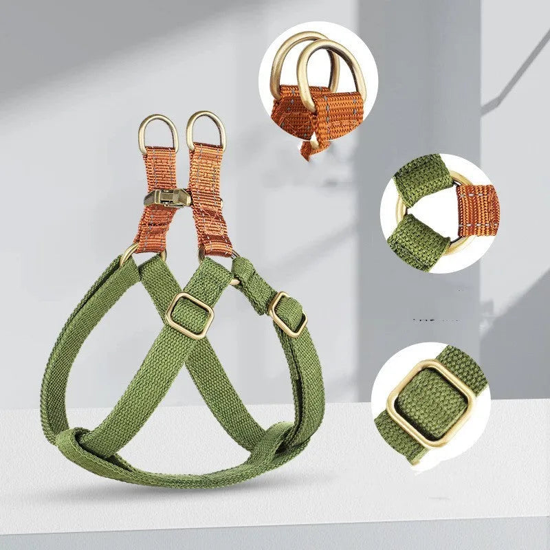 Brown vest style dog leash harness with alloy fastener for small to medium dogs