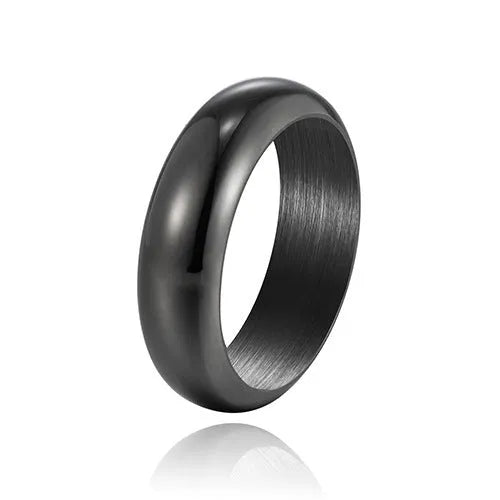 Glossy electroplated titanium steel ring in gold, black or steel colour showing shiny band design.