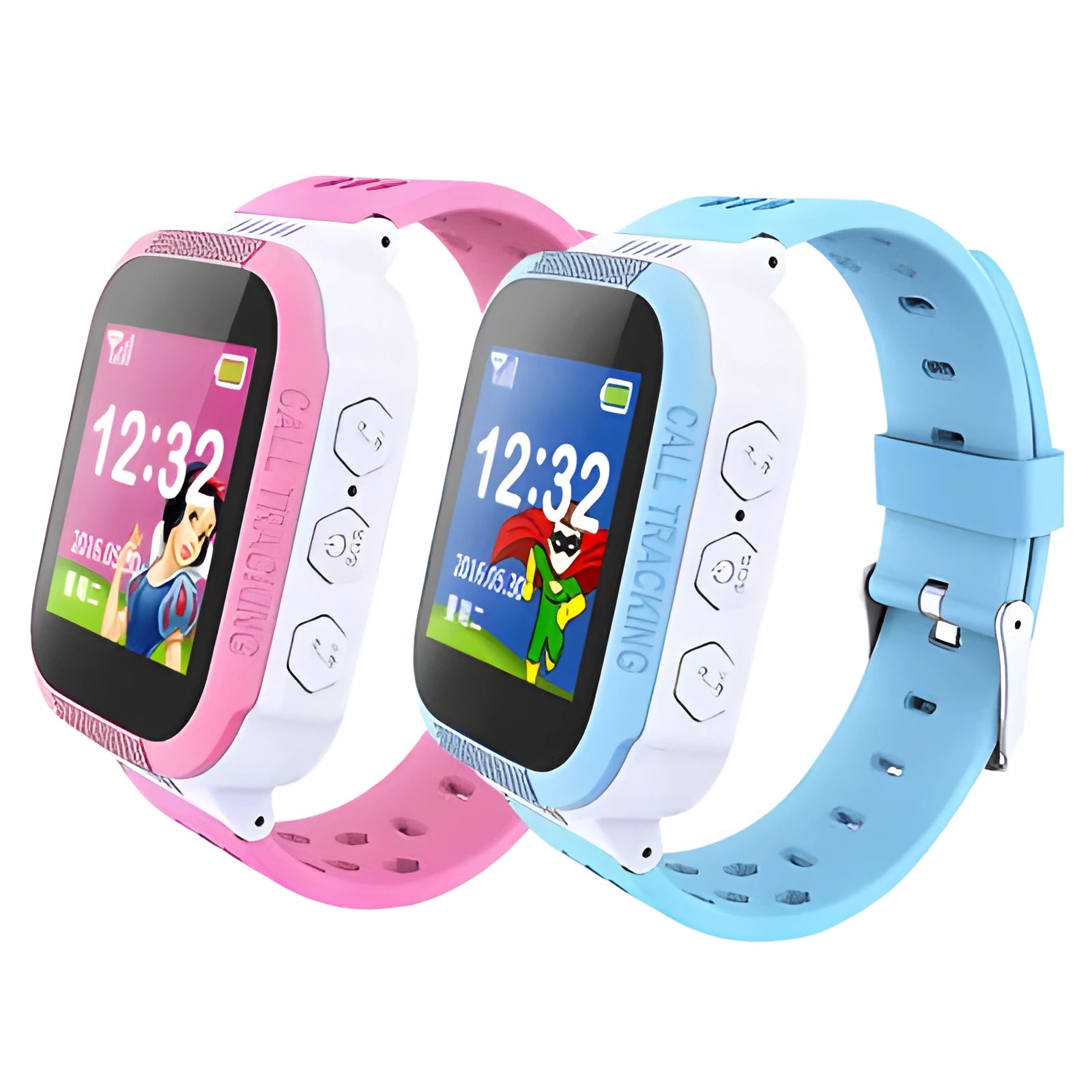 Blue and pink children's phone watch showing 1.44-inch IPS colour touchscreen display