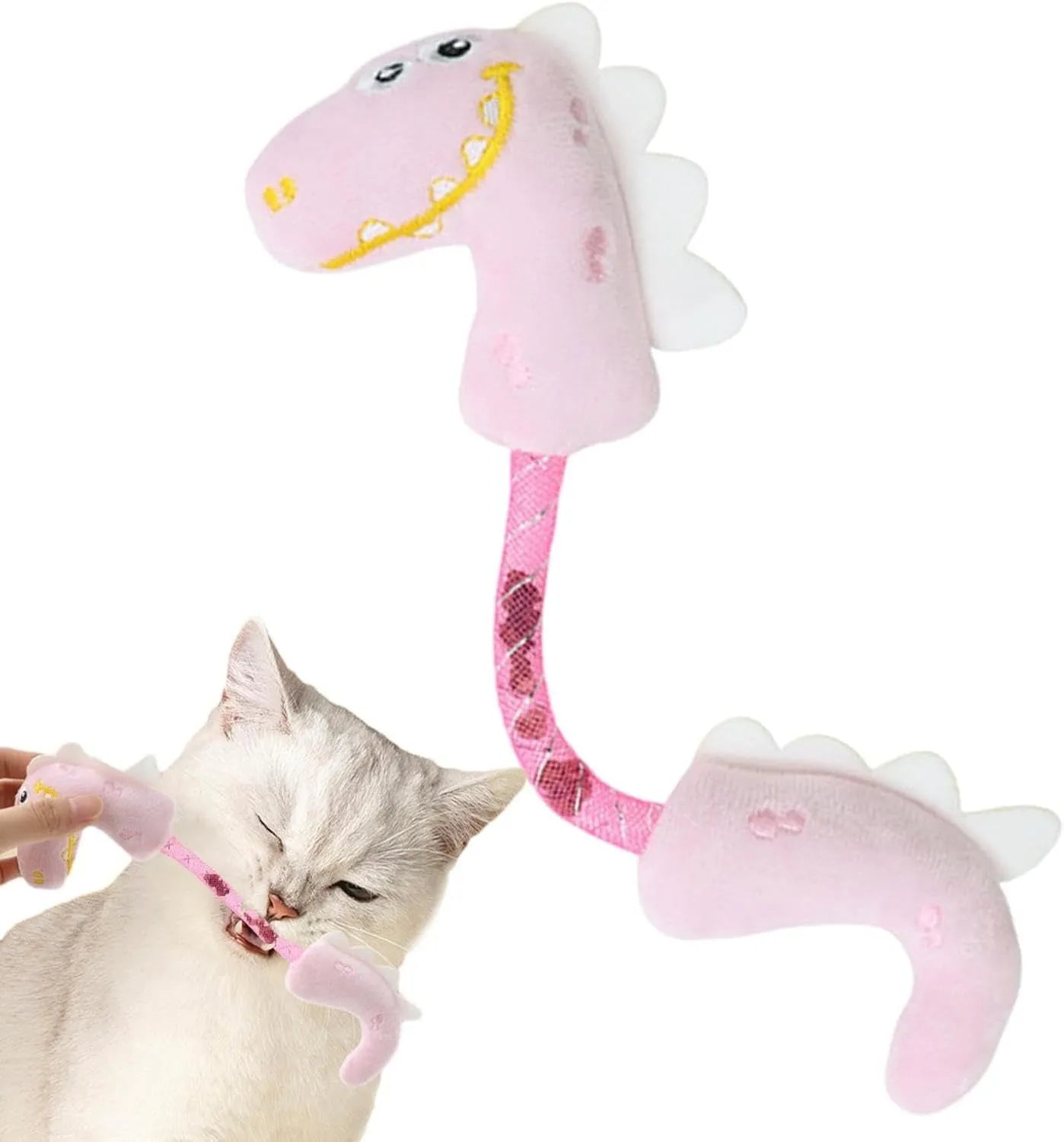 Set of four colourful plush cat toys including a mouse, fish, bunny, and chew toy on a white background.