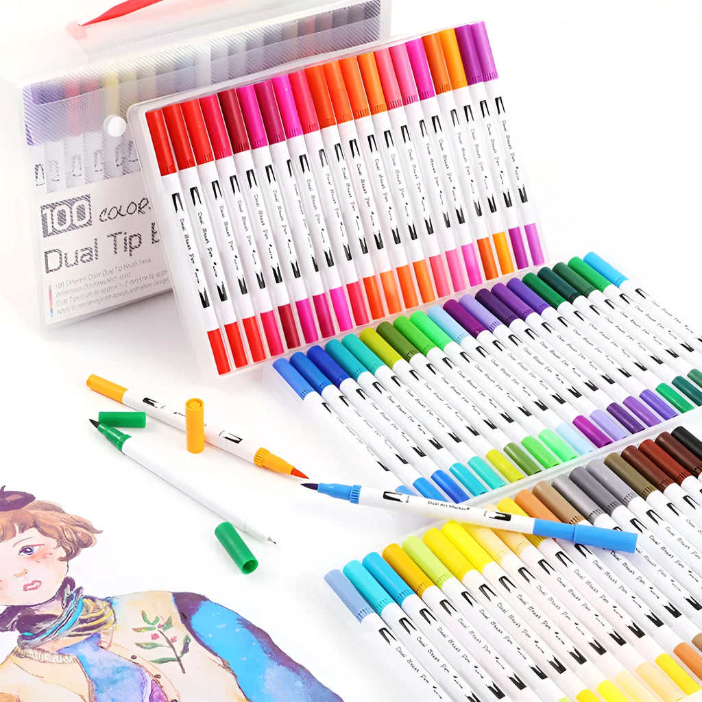 Set of watercolour pens with vibrant coloured barrels for drawing and painting.