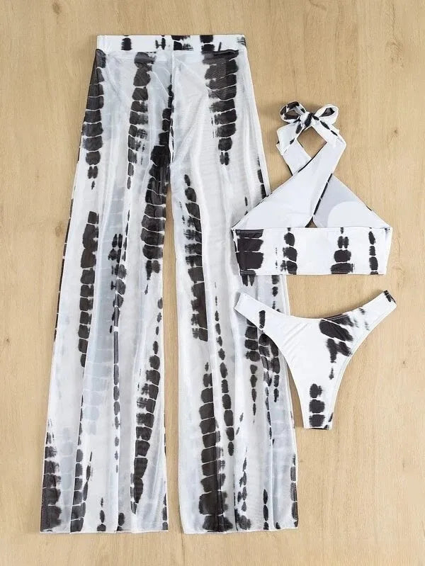 Women three-piece swimsuit set with mesh trousers in black printing pattern