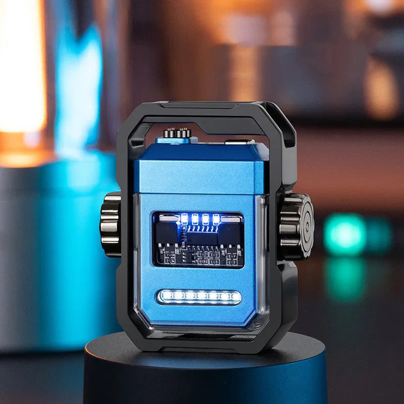 Blue double arc electric lighter with mechanical rotary gyroscope and Type-C charging port