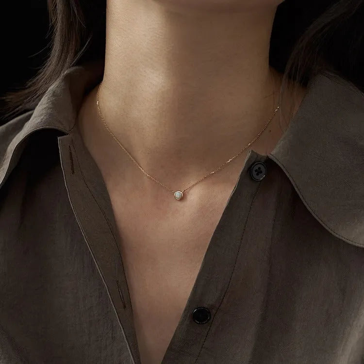 Geometric S925 silver plated pendant necklace with oval jelly opal stone in gold tone setting