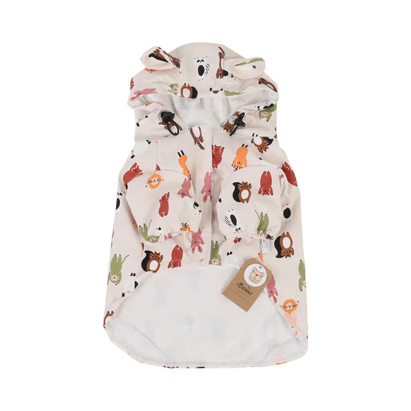 Beige cartoon dog raincoat with animal design and waterproof coating for wet weather protection
