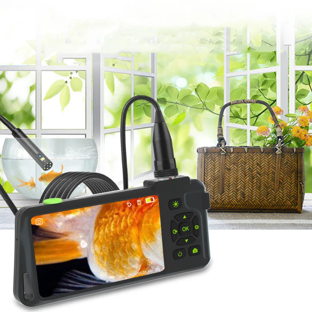Handheld industrial endoscope with 4.5-inch screen and a 5.5mm camera probe on a 1-metre cable for pipeline inspection