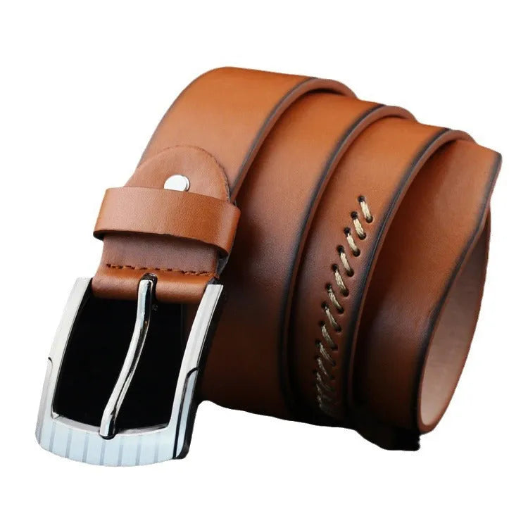 Men's casual belt with alloy pin buckle showing retro threading pattern detail
