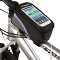ROSWHEEL black PVC bicycle frame bag mounted on a bike, holding a mobile phone.