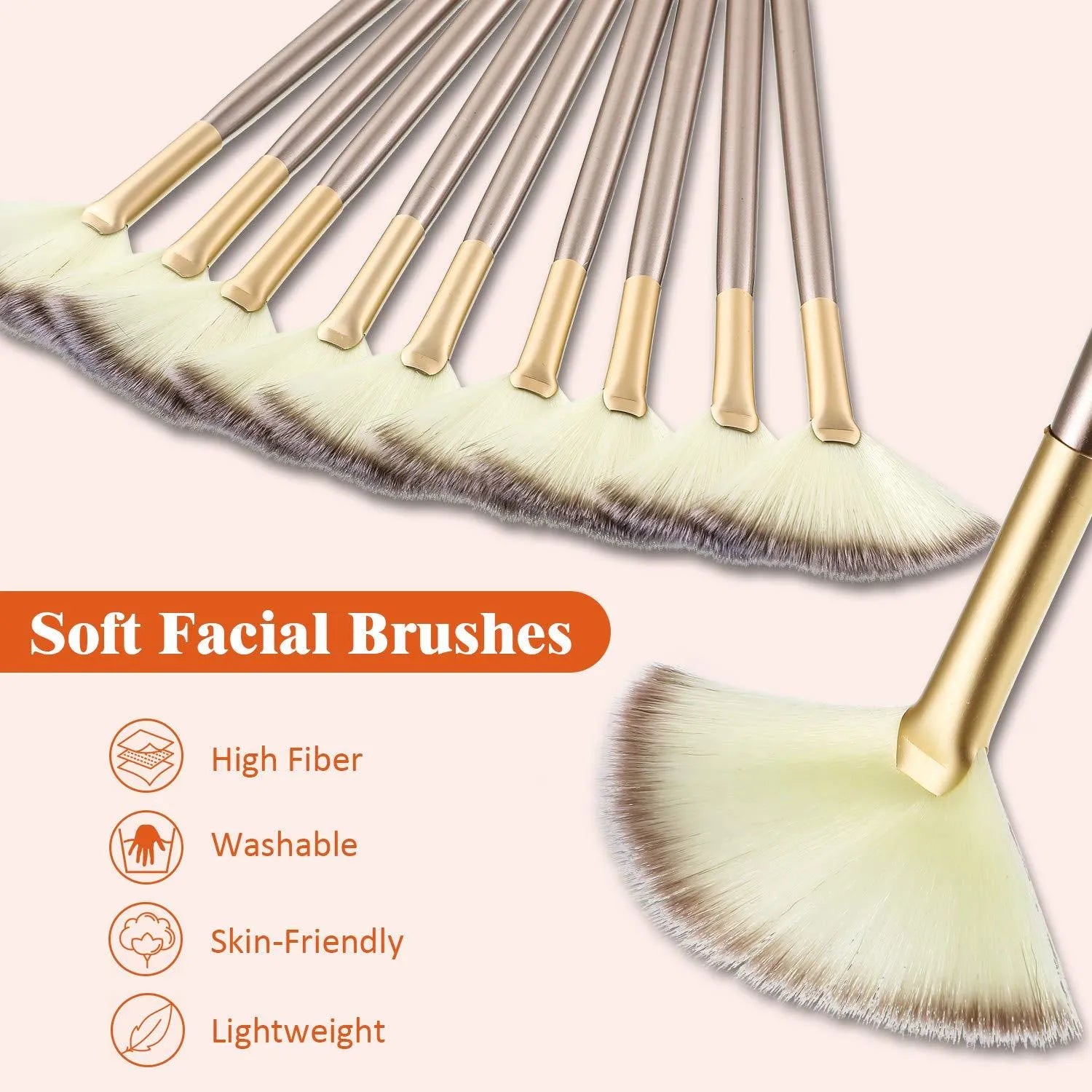 10 professional facial fan makeup brushes with champagne finish and acrylic handles, shown with brush covers.