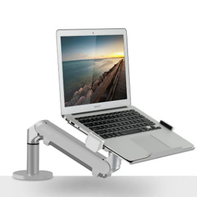 Silver aluminium laptop stand with hover design showing air gap underneath for cooling
