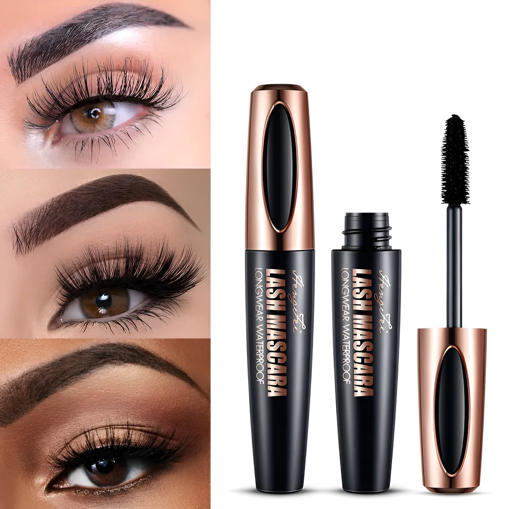 Black waterproof mascara tube for long curling, sweat-proof, and smudge-resistant wear.