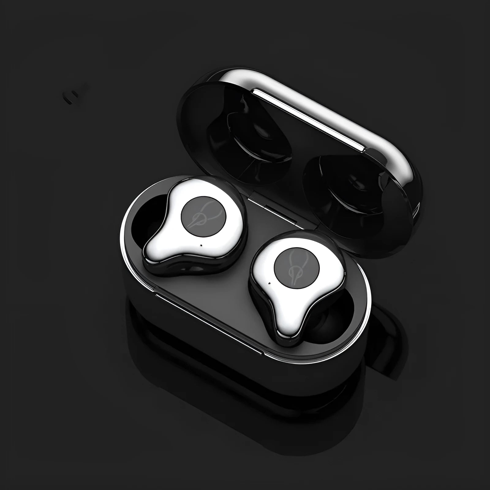 TWS wireless Bluetooth earbuds in a charging case, showing colour options like silver, grey, and red.