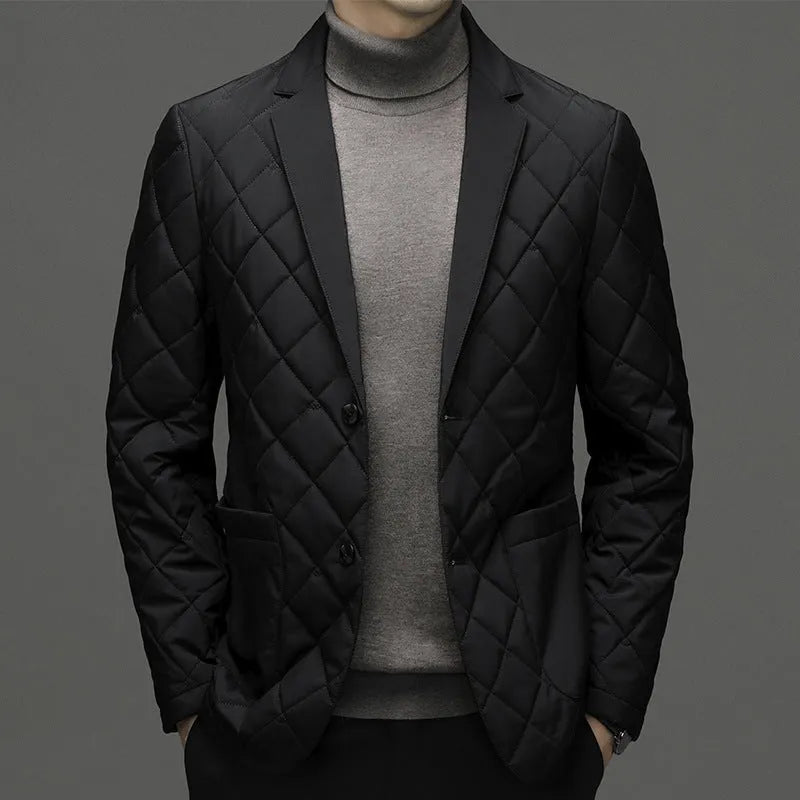 Men's thick winter down jacket with cardigan lapel in solid colour with side seam pockets