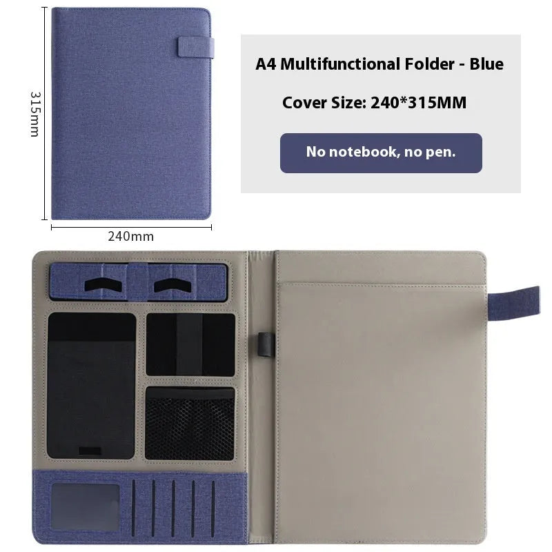 Leather A4 business multifunction folder with notepad and pen holder in black colour