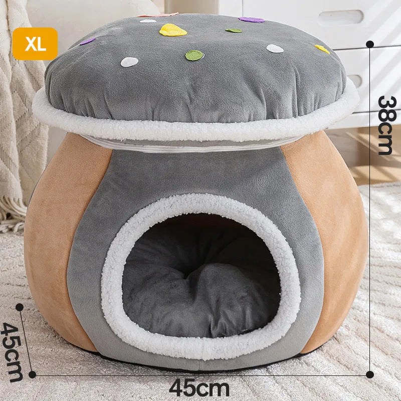 Grey plush mushroom-shaped cat nest with a detachable blanket, shown alongside pink and purple colour options.
