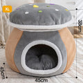 Grey plush mushroom-shaped cat nest with a detachable blanket, shown alongside pink and purple colour options.