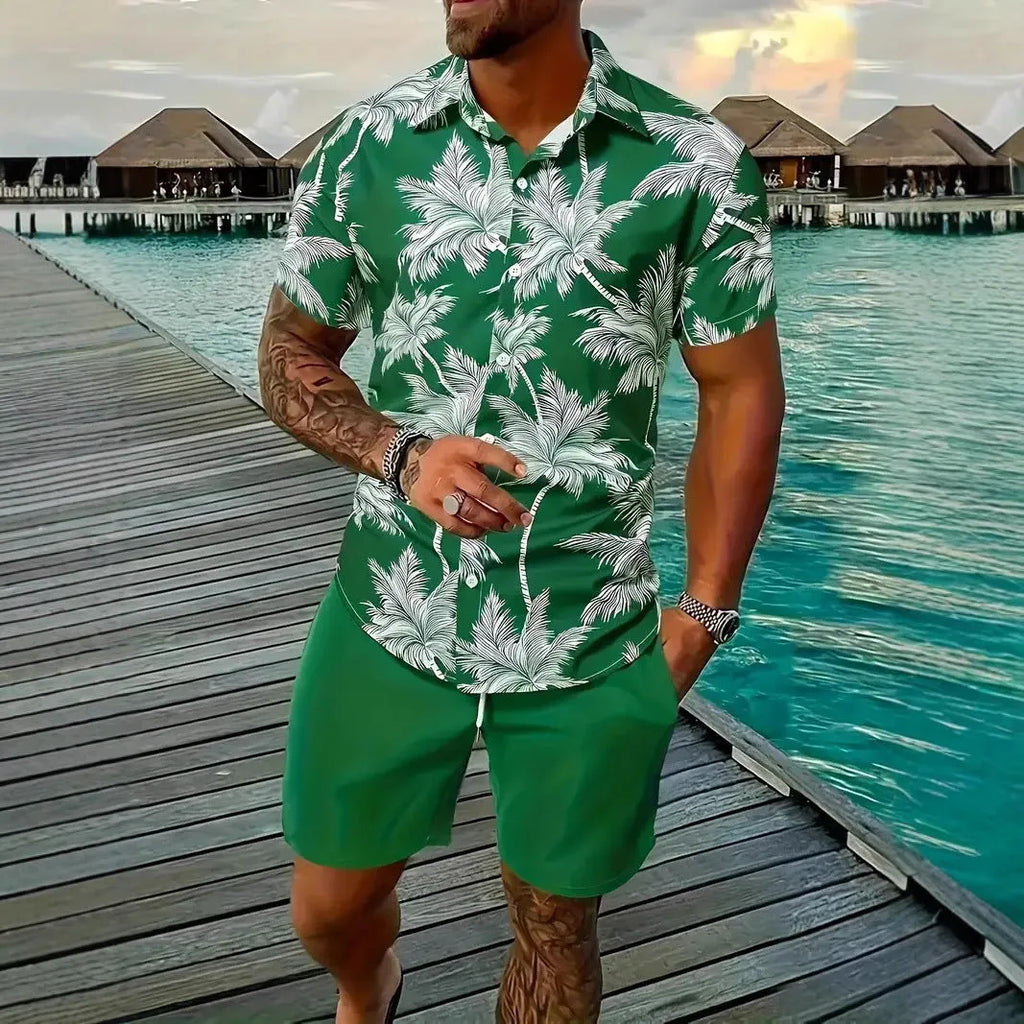 Man wearing a men's Hawaii-themed 3D printed short sleeve suit with matching shorts.