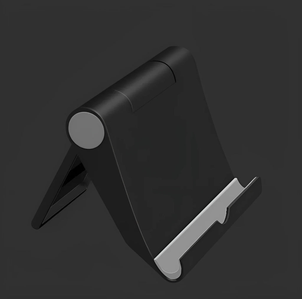 Black PE folding phone and tablet stand shown at an angle on a white background.