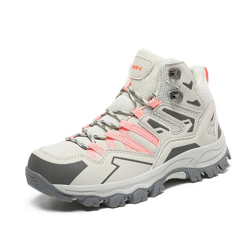 Same high-top hiking sneakers in light brown colour with front lace-up design and natural rubber outsole