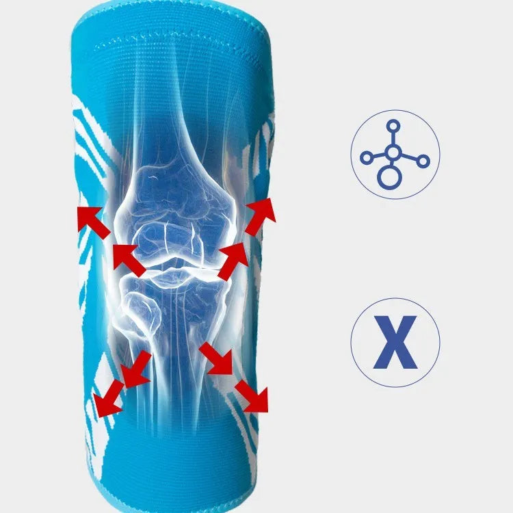 Men's black and blue nylon basketball knee pads shown in S, M, L, XL sizes