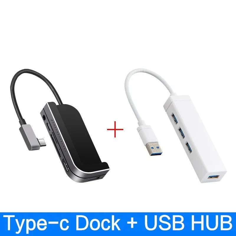 Silver aluminium grey 6-in-1 USB-C docking station for iPad Pro, showing HDMI and USB ports.