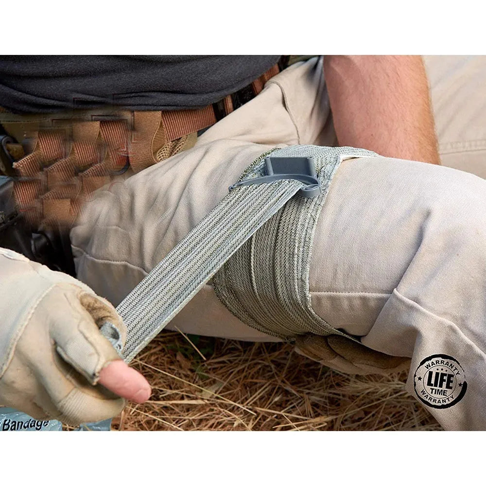 A sealed package containing a rolled tactical hemostatic gauze bandage, shown in 4-inch and 6-inch size options.