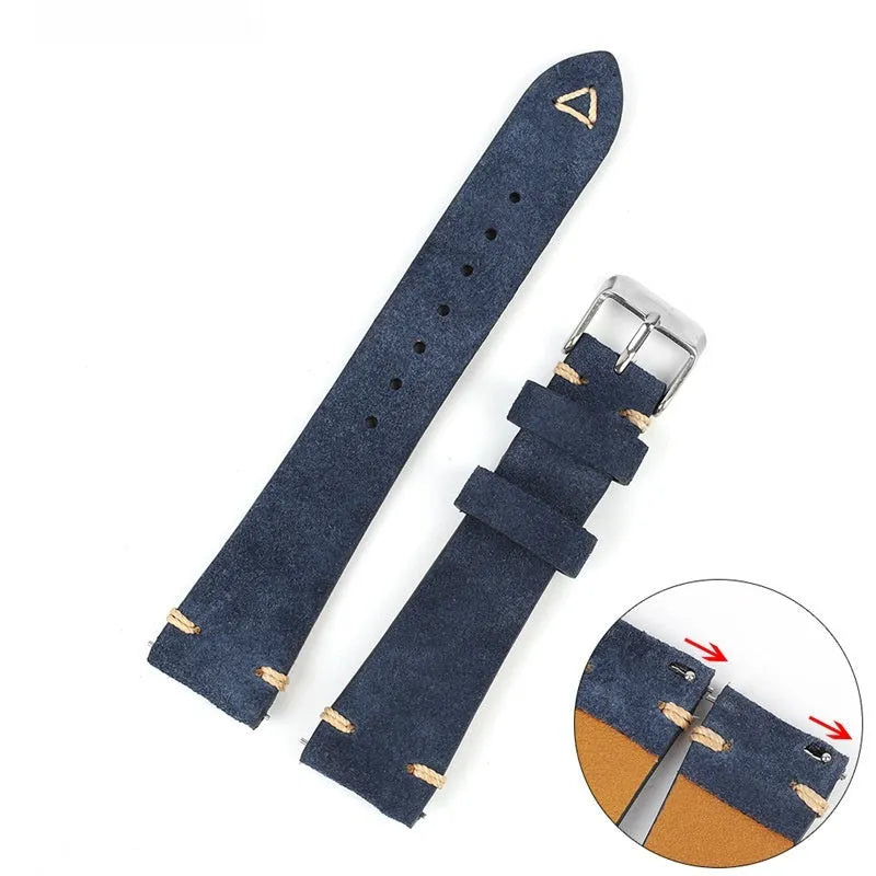 Brown genuine suede leather watch strap with small waist design on a wrist.