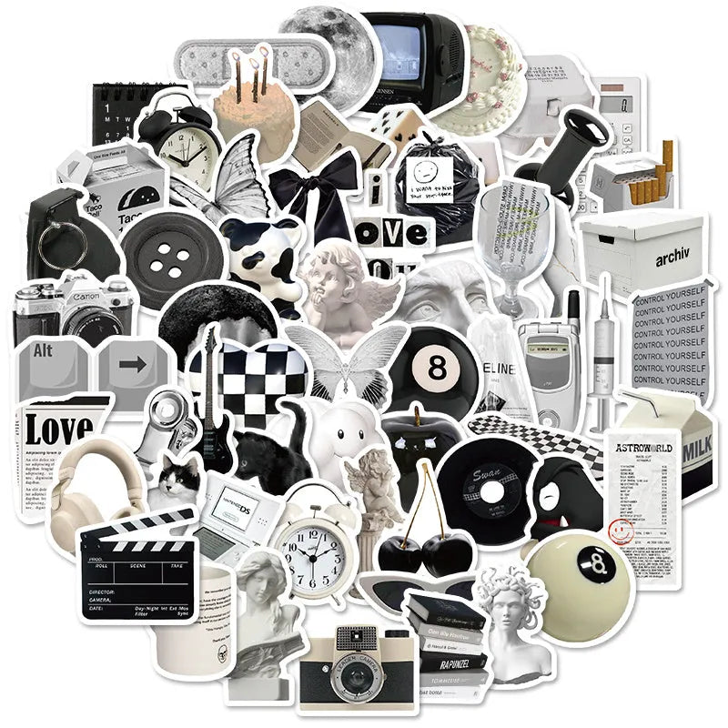 61 black and white PVC waterproof stickers for laptops, phones, and luggage