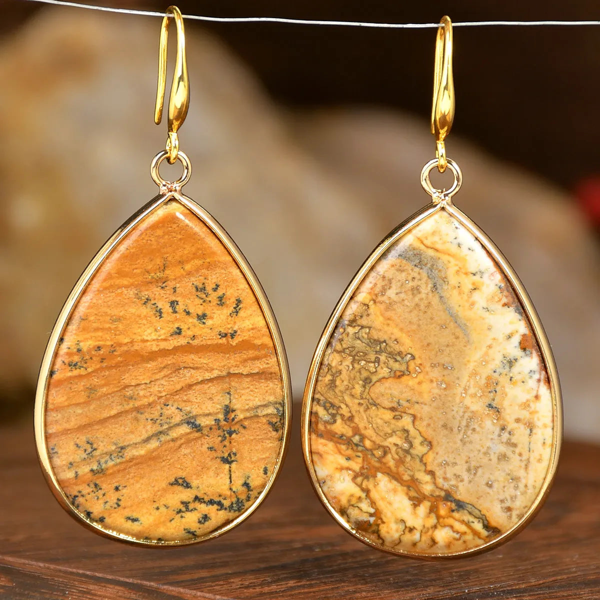 Women's water drop pendant earrings with natural stone in retro high-profile design