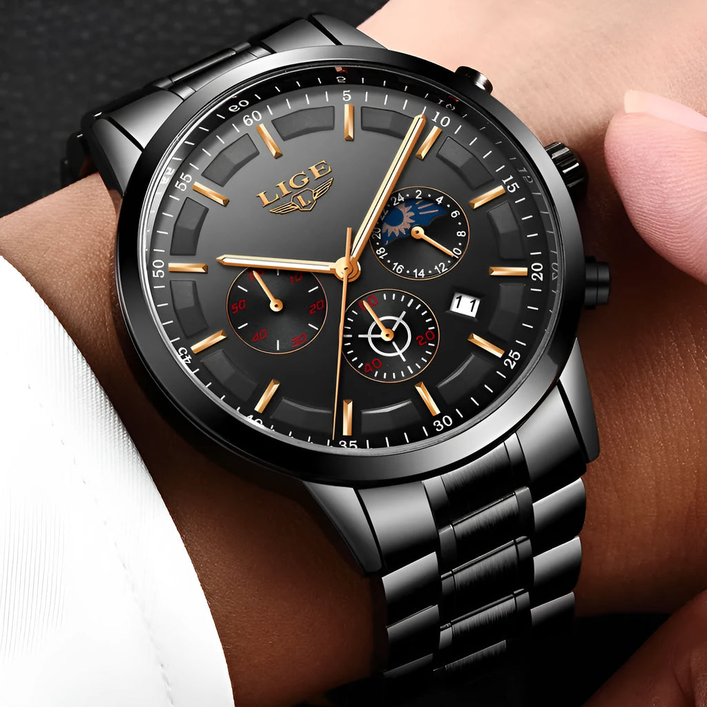 Men's waterproof quartz business sports watch showing four colour options with 12mm thickness