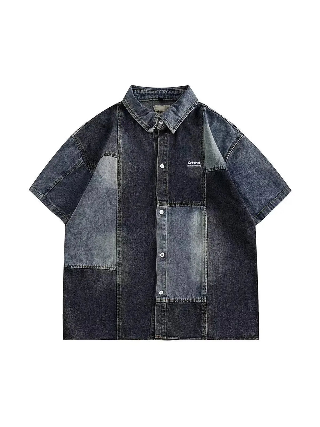 Blue men's denim shirt with Japanese-style retro washed stitching in loose cardigan fit