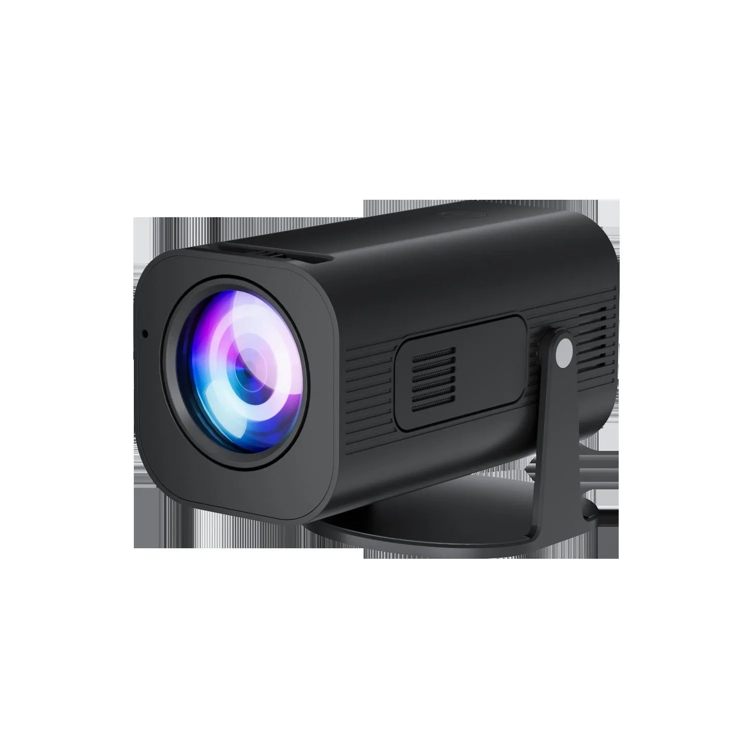 Black P330 portable mini projector with remote control on table displaying HD projection