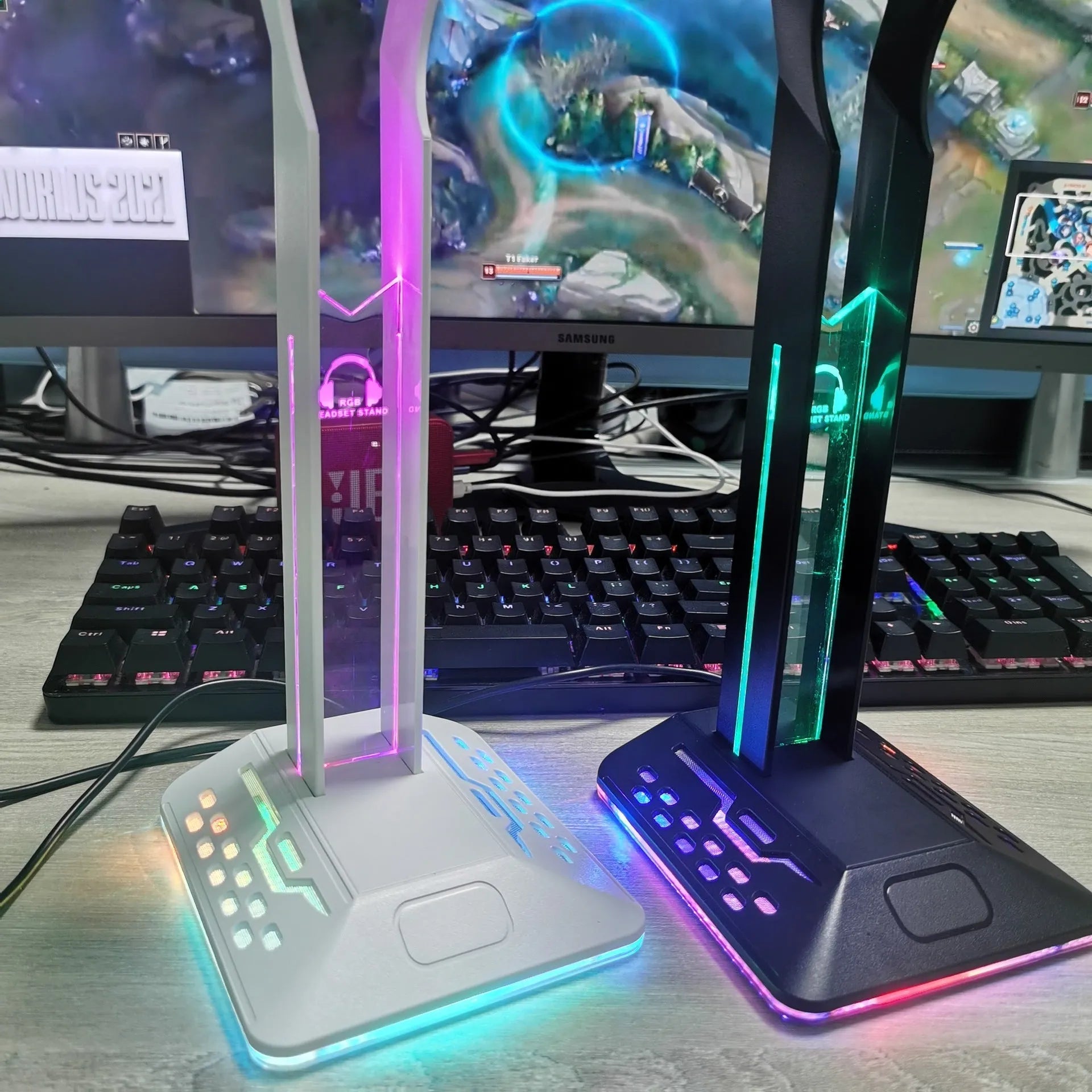 RGB colour-changing headset display bracket with dual USB ports and a 1.5-metre cable on a desk