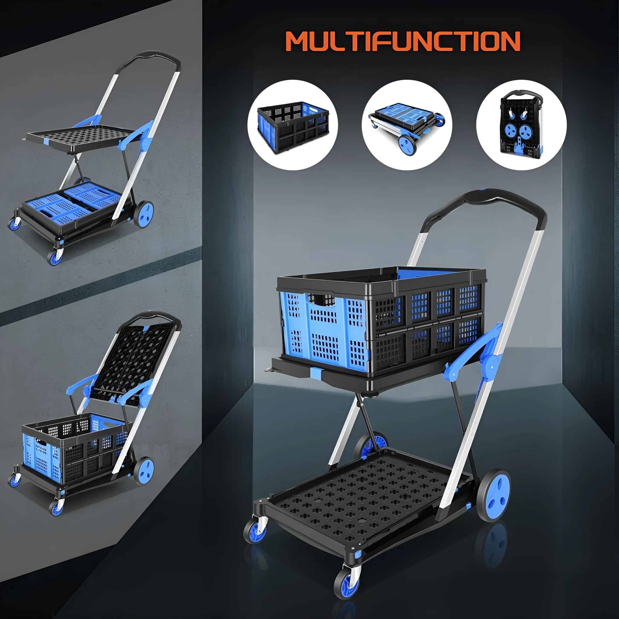 Foldable shopping cart with two blue plastic baskets on a wheeled frame.