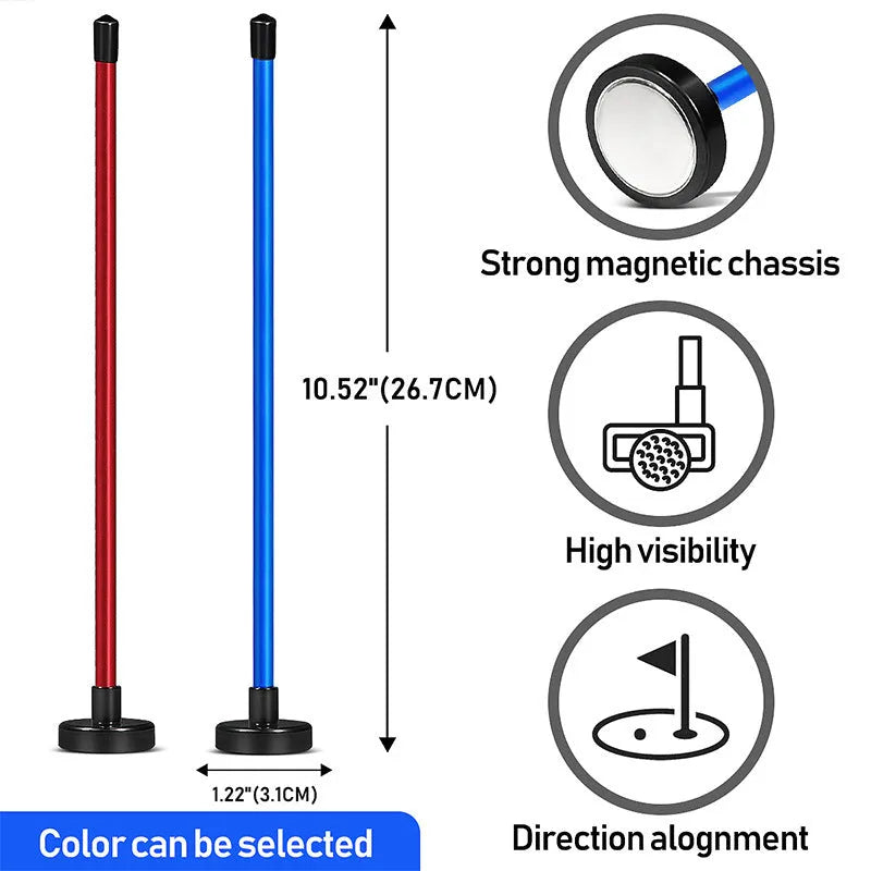 Red and blue aluminium alloy golf swing trainer with magnetic alignment bar.