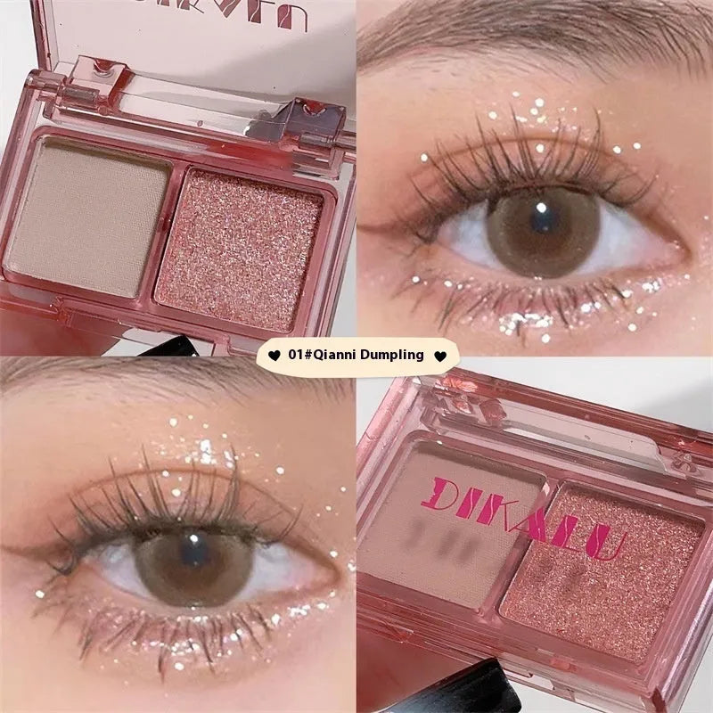 Cool two-tone eyeshadow palette showing pink and black matte and shimmer pressed powder in a single compact.