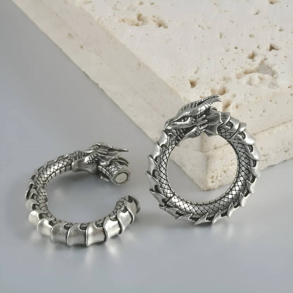 Large geometric dragon earrings with antique silver finish and hollow copper design