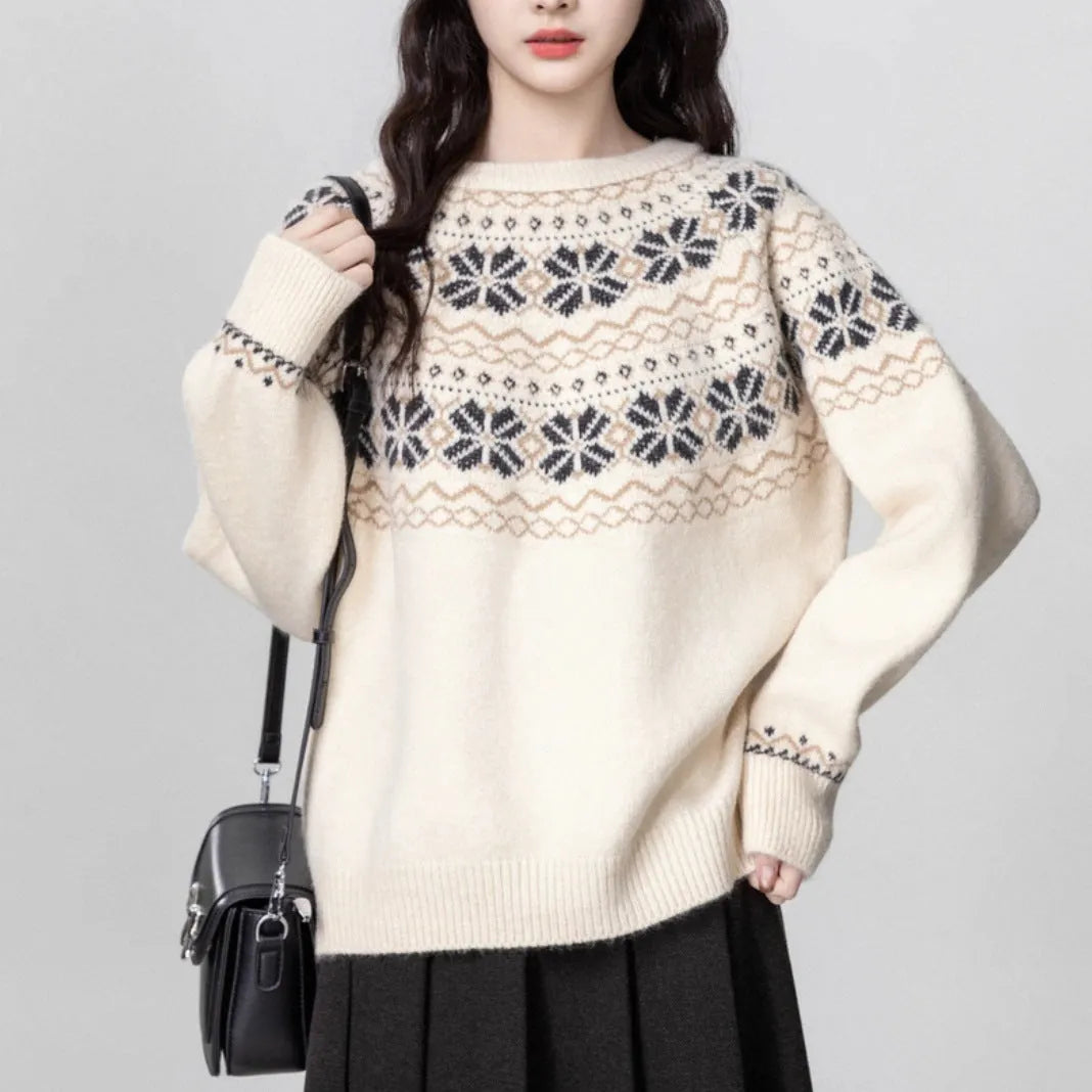 Women's milky white fair isle pullover sweater with geometric patterns and crew neck
