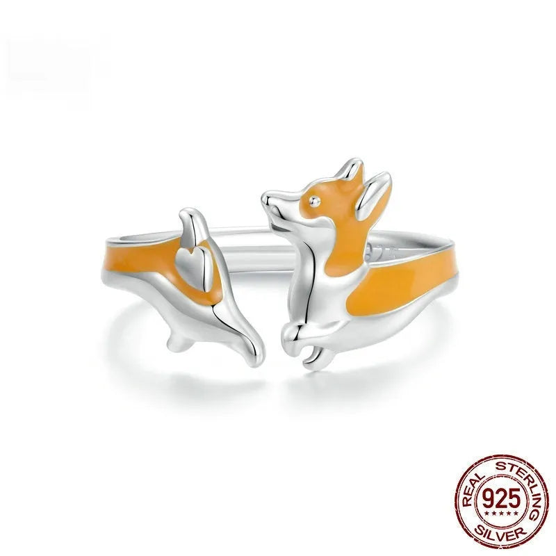 Silver cartoon corgi dog ring for women with SCR1014-E electroplated colour finish
