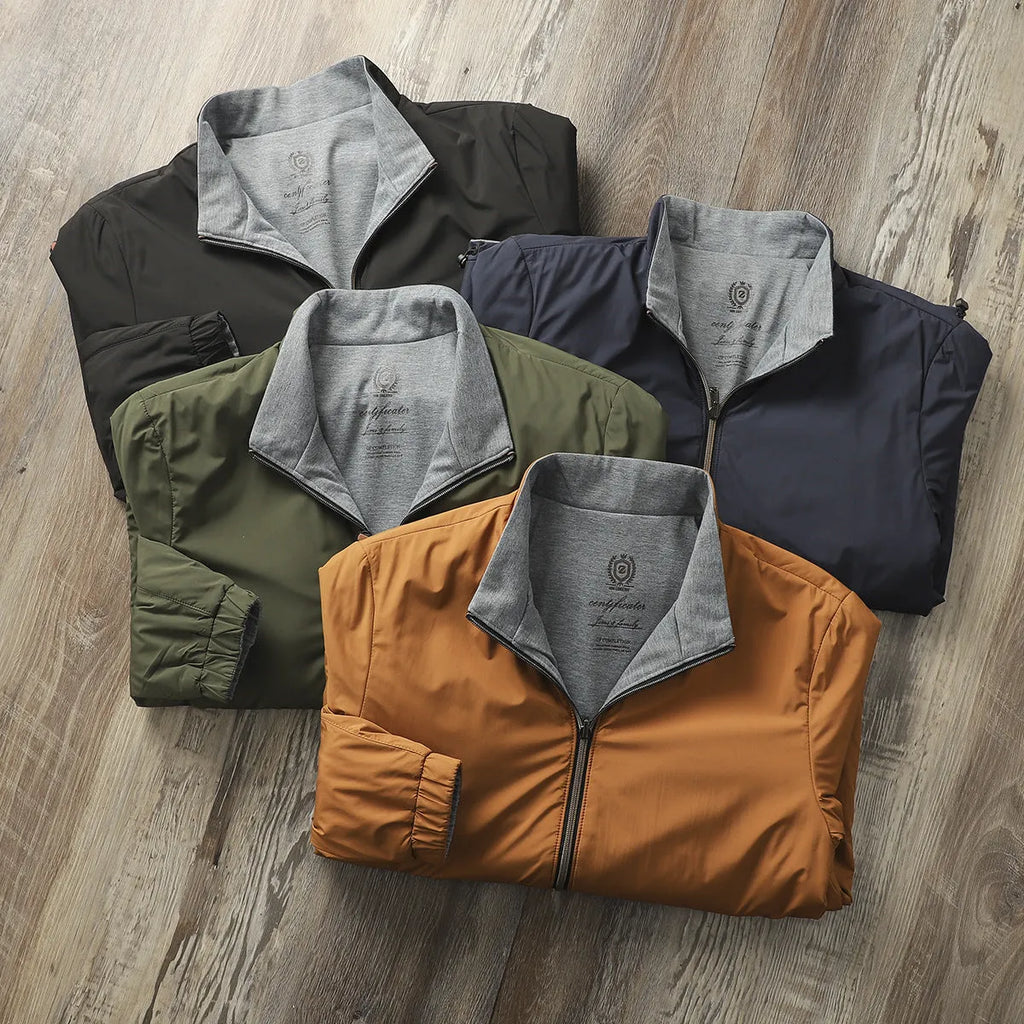 Men's simple stand collar casual jacket in polyester blend fabric, shown on a hanger.