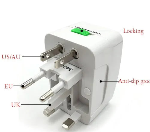 Universal travel adapter plug showing multi-country socket compatibility for mobile charging