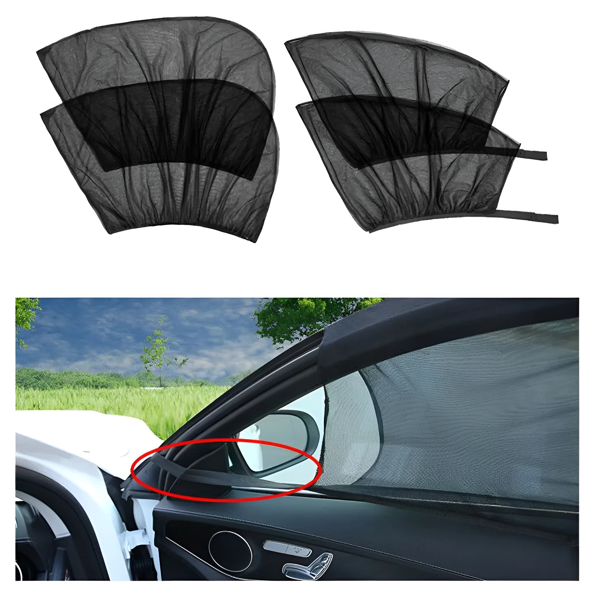 Set of four grey mesh car side window sunshades with elastic edges for front and rear windows.