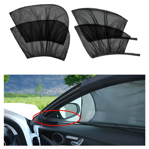 Set of four grey mesh car side window sunshades with elastic edges for front and rear windows.