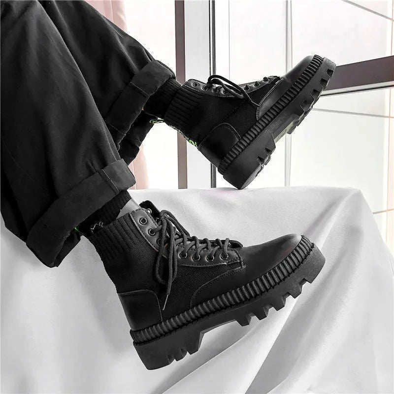 Black men's platform Dr Martens style boots with side zip and lace-up front, frosted leather exterior