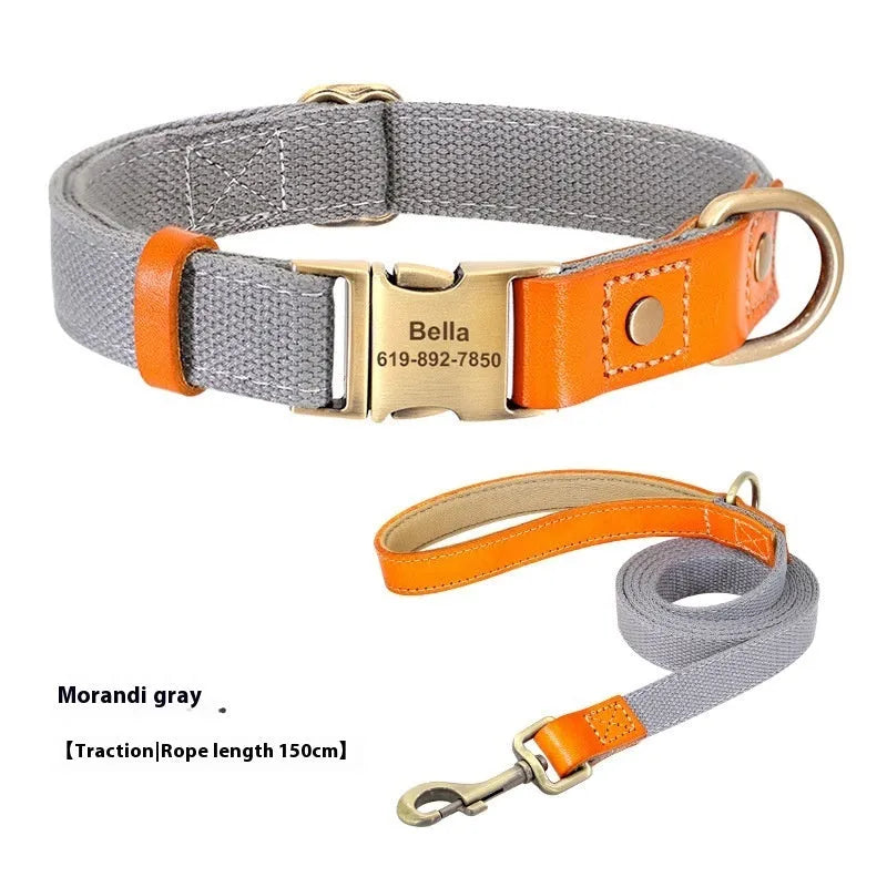 Small dog mohair collar and traction rope set in Mo Landi green with lettering