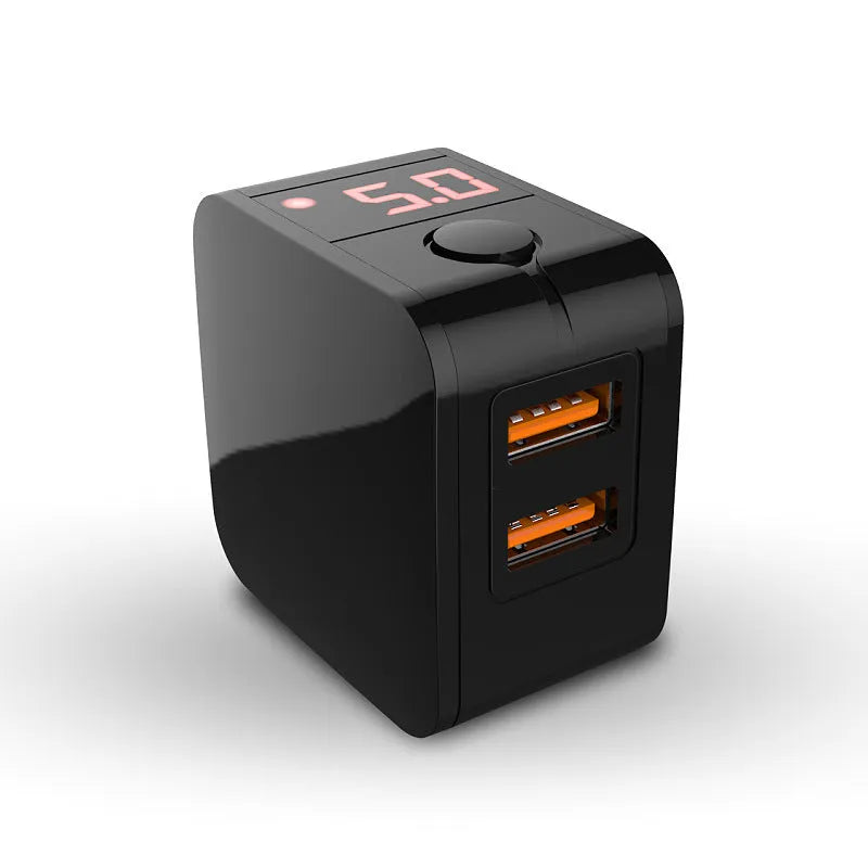 Black 5V2A fast travel charger with dual USB ports and a digital display, shown with a UK plug.
