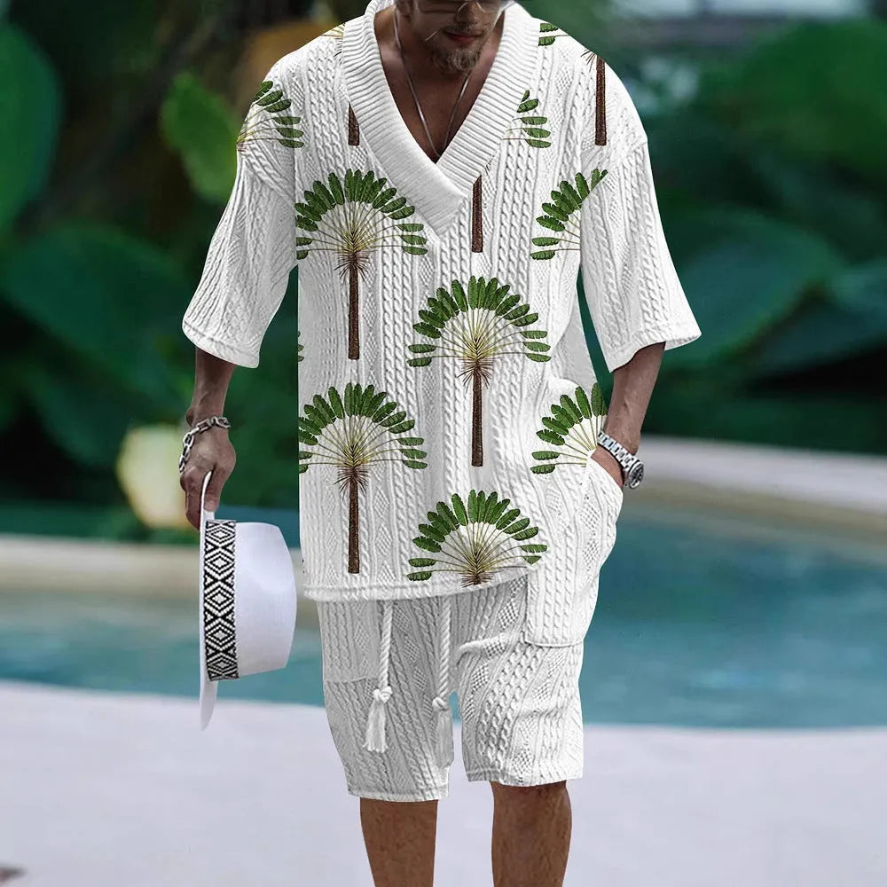Loose casual short sleeve suit two-piece set in polyester fabric, showing top and shorts.